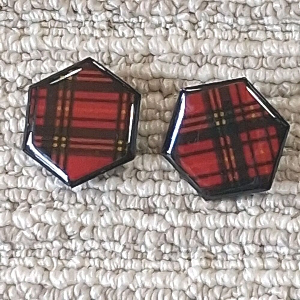 Vintage Red Black Plaid Hexagon Stud Earrings Post Geometric Resin Retro...